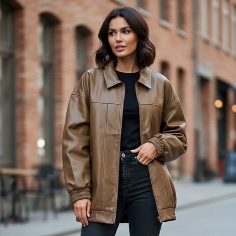 Women’s Oversized Faux Leather Bomber Jacket Tan Brown Size M, NEW without tags